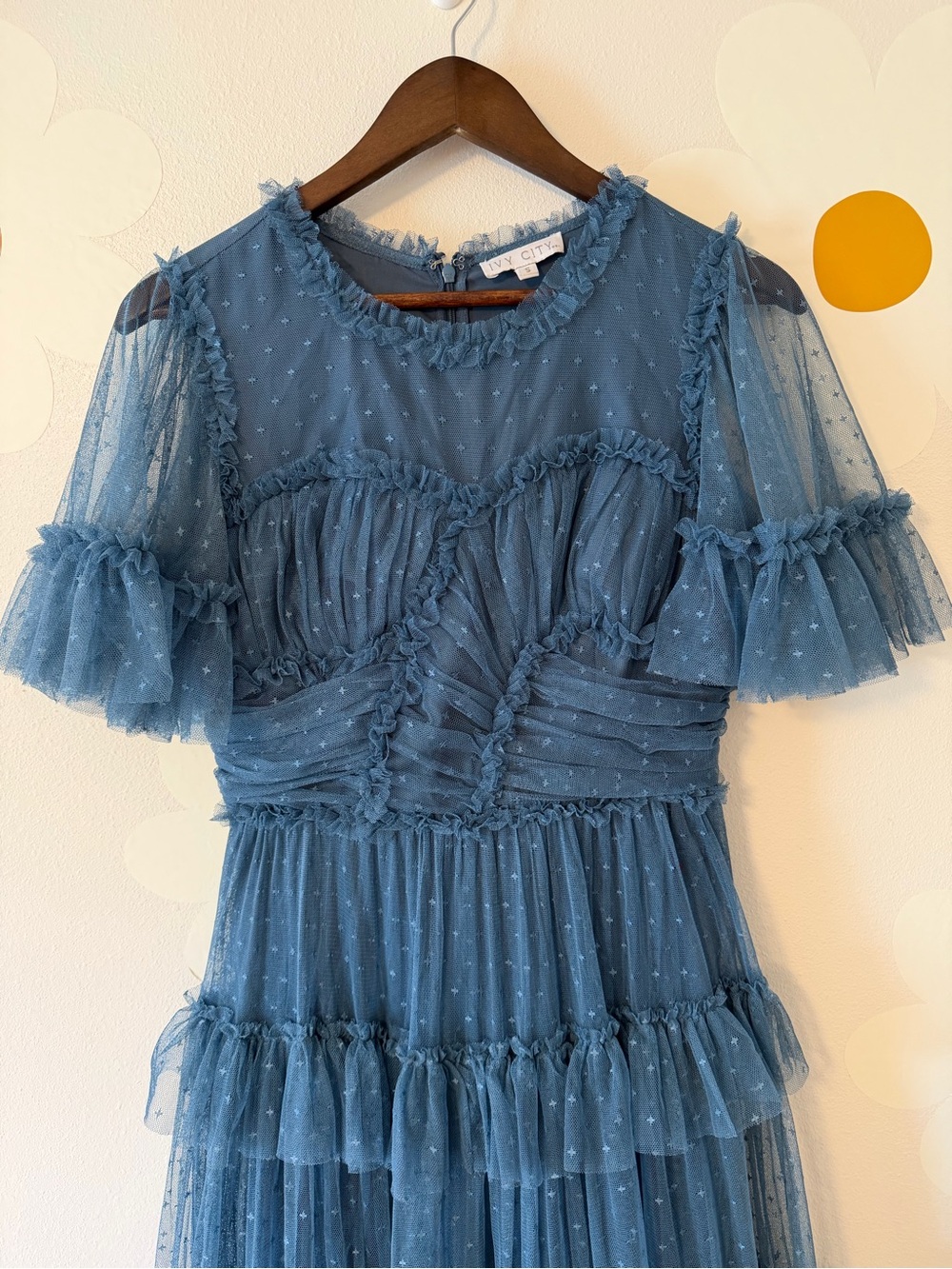 Ivy City Co Slate Blue Whimsical Ruffled Tulle Midi Formal Dress - Picture 6 of 14